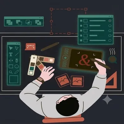 A designer at a desk surrounded by tool palettes, swatches, and a drawing tablet