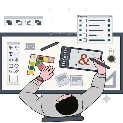 A designer at a desk surrounded by tool palettes, swatches, and a drawing tablet